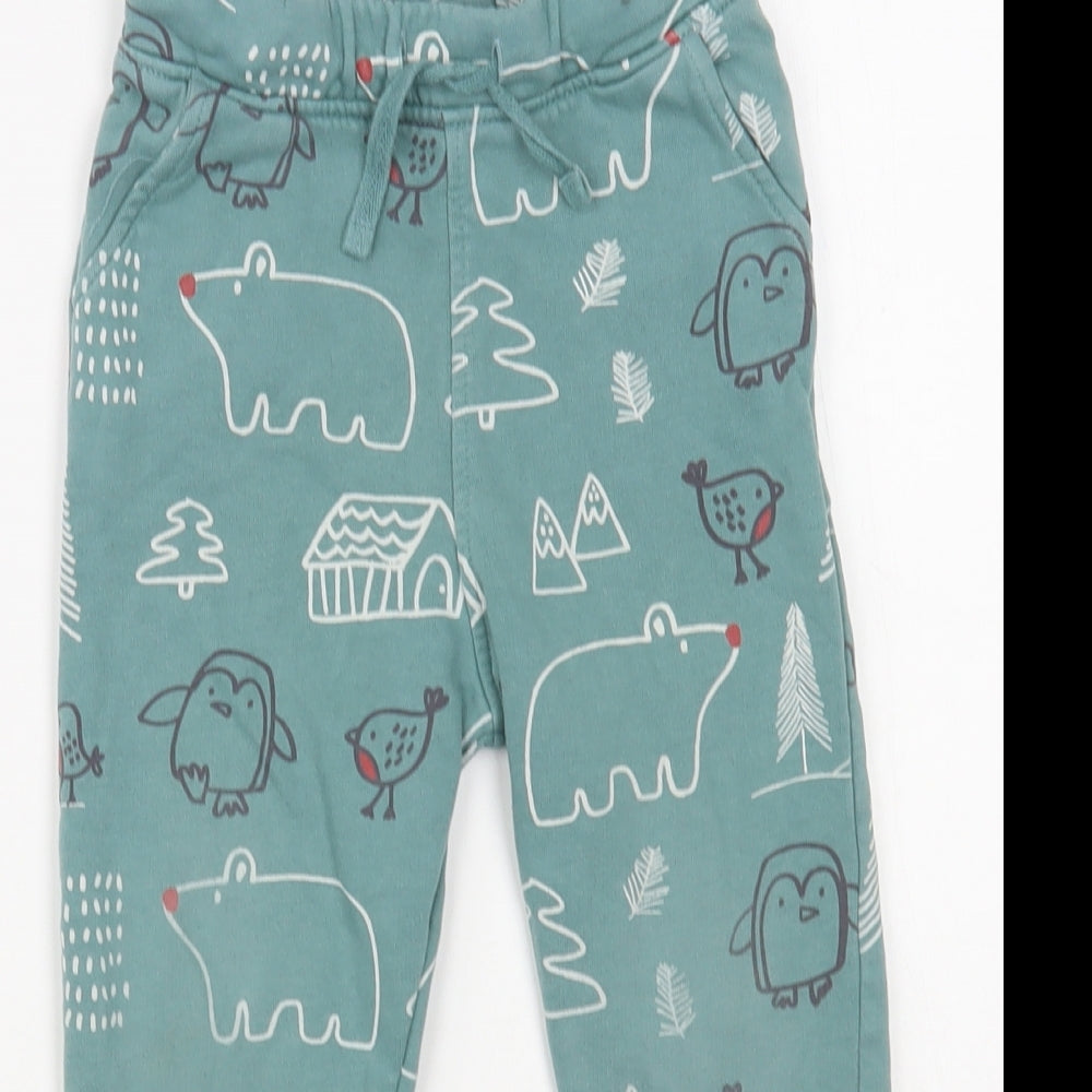 Marks and Spencer Girls Green Geometric Cotton Jogger Trousers Size 2-3 Years Regular Drawstring - Cute Animals Print