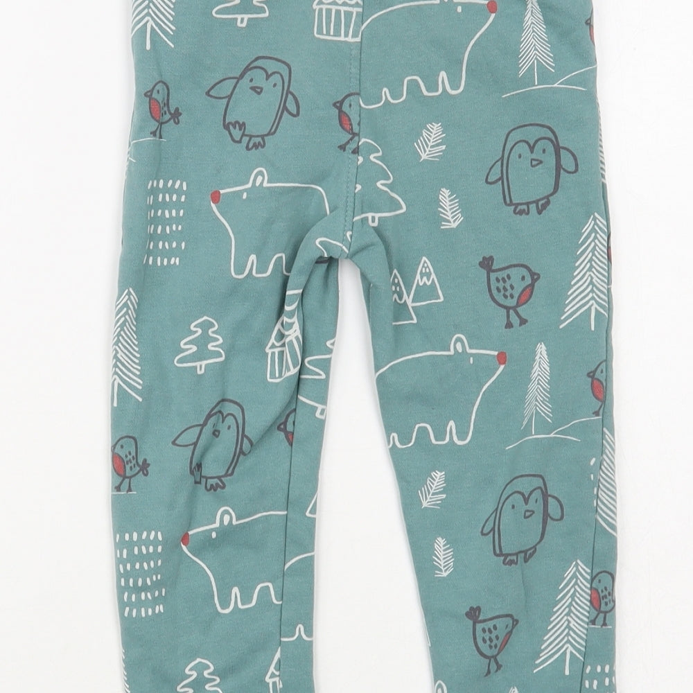 Marks and Spencer Girls Green Geometric Cotton Jogger Trousers Size 2-3 Years Regular Drawstring - Cute Animals Print