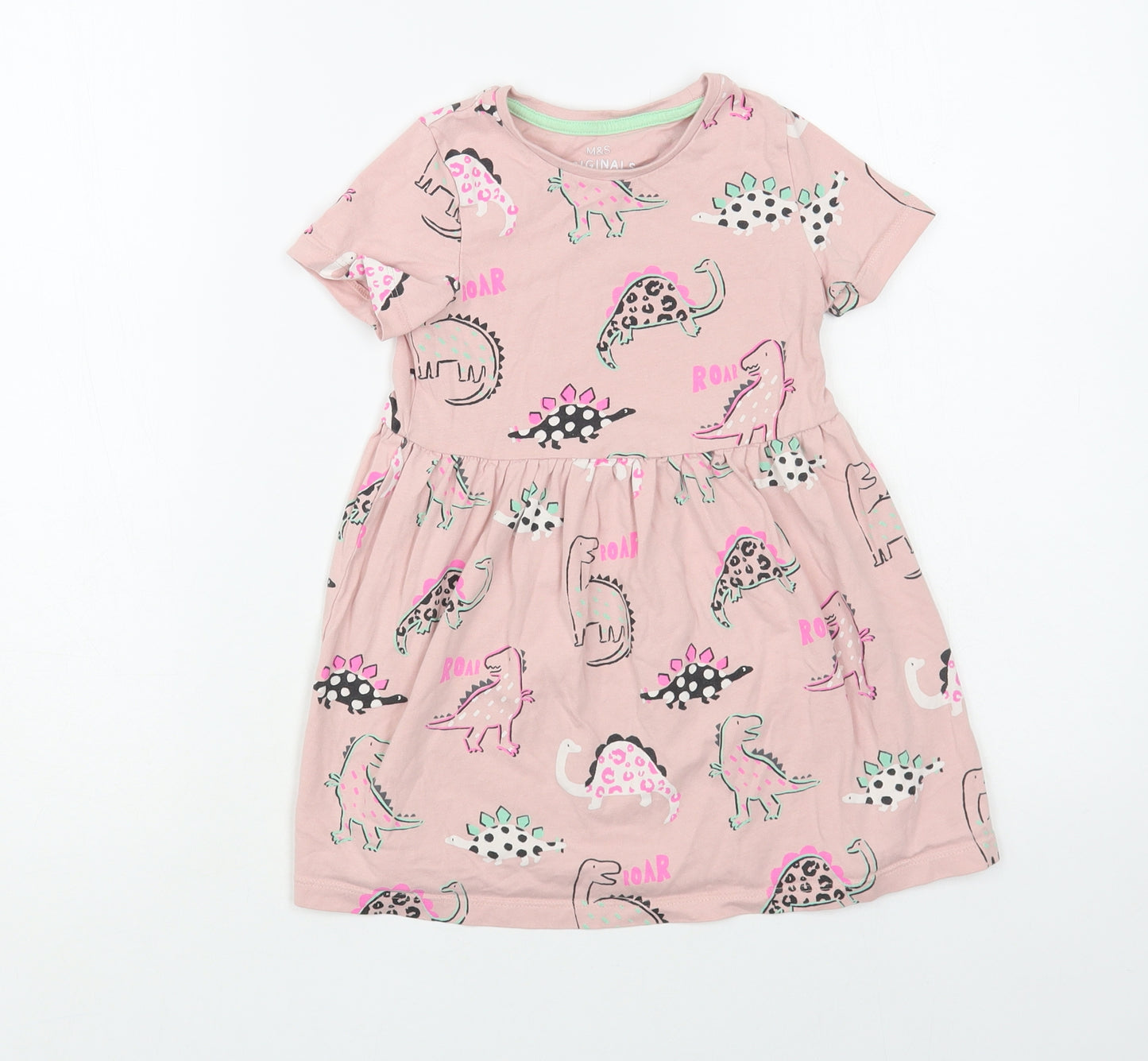 Marks and Spencer Girls Pink Geometric Cotton T-Shirt Dress Size 3-4 Years Crew Neck Pullover - Dinosaur Print