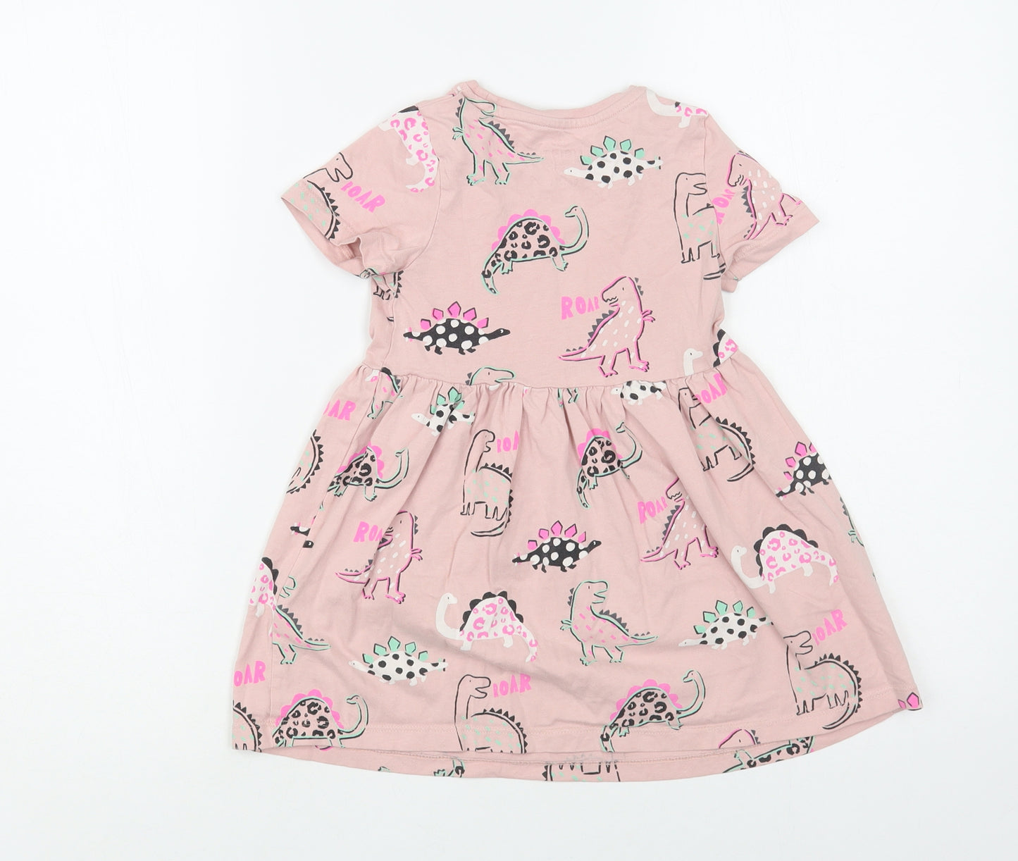 Marks and Spencer Girls Pink Geometric Cotton T-Shirt Dress Size 3-4 Years Crew Neck Pullover - Dinosaur Print