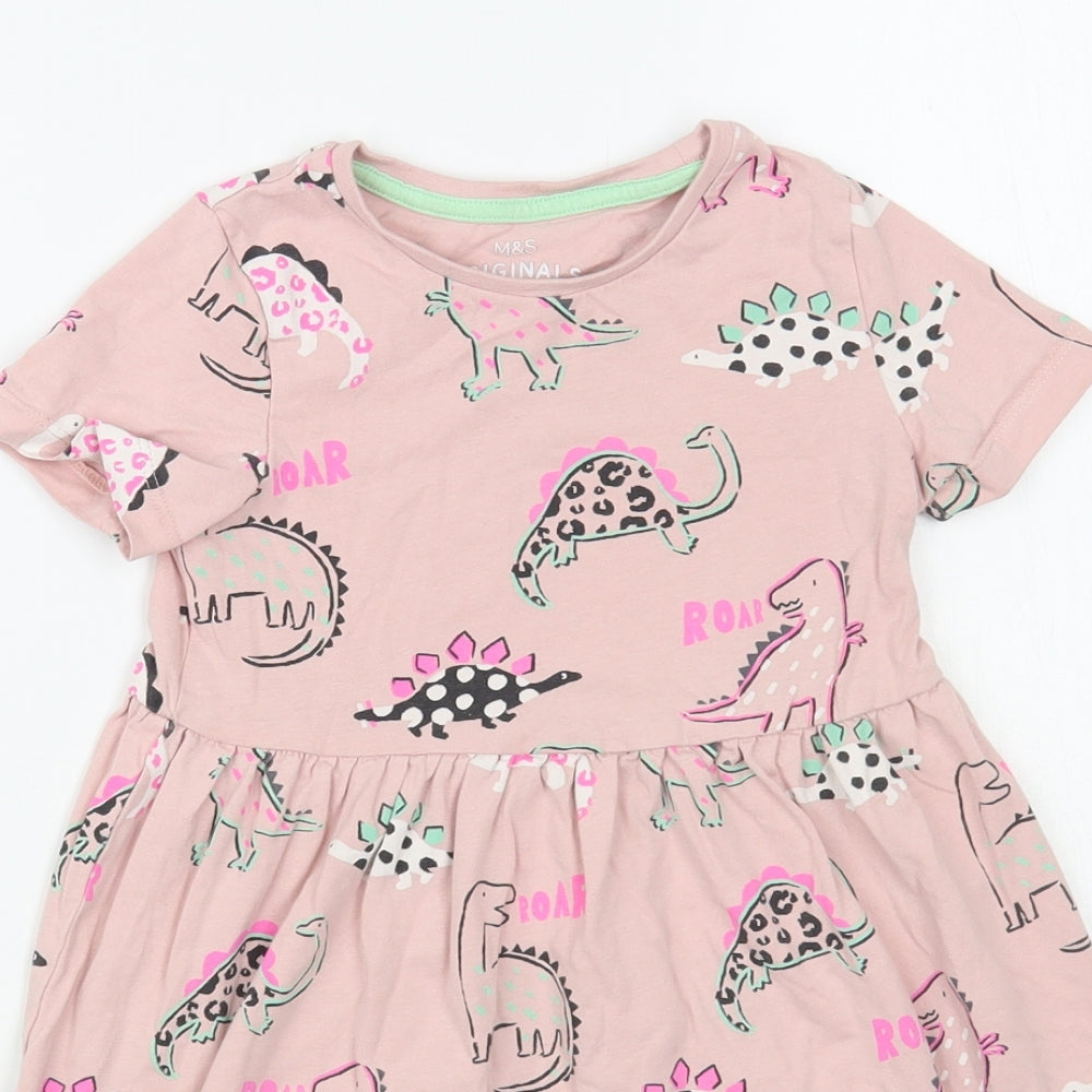 Marks and Spencer Girls Pink Geometric Cotton T-Shirt Dress Size 3-4 Years Crew Neck Pullover - Dinosaur Print