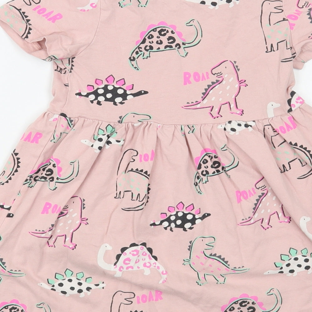 Marks and Spencer Girls Pink Geometric Cotton T-Shirt Dress Size 3-4 Years Crew Neck Pullover - Dinosaur Print