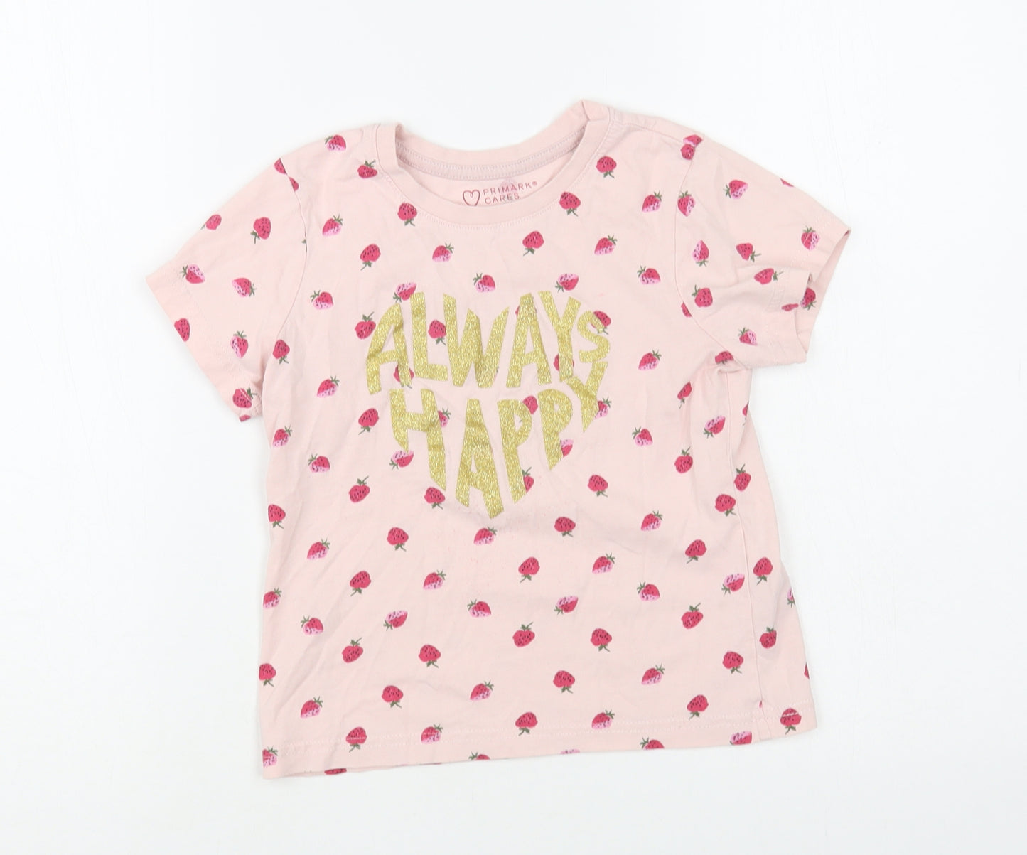 Primark Girls Pink Geometric Cotton Pullover T-Shirt Size 6-7 Years Crew Neck Pullover - Strawberry Print