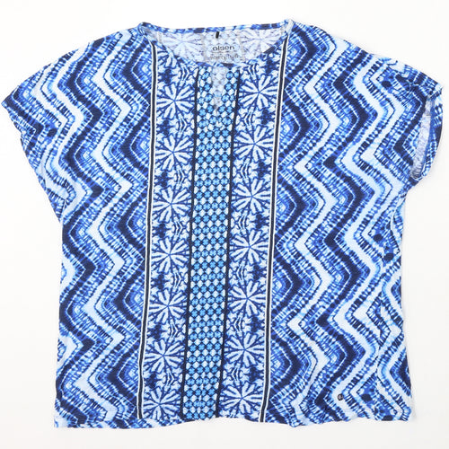 Olsen Womens Blue Geometric Polyester Basic Blouse Size L Round Neck