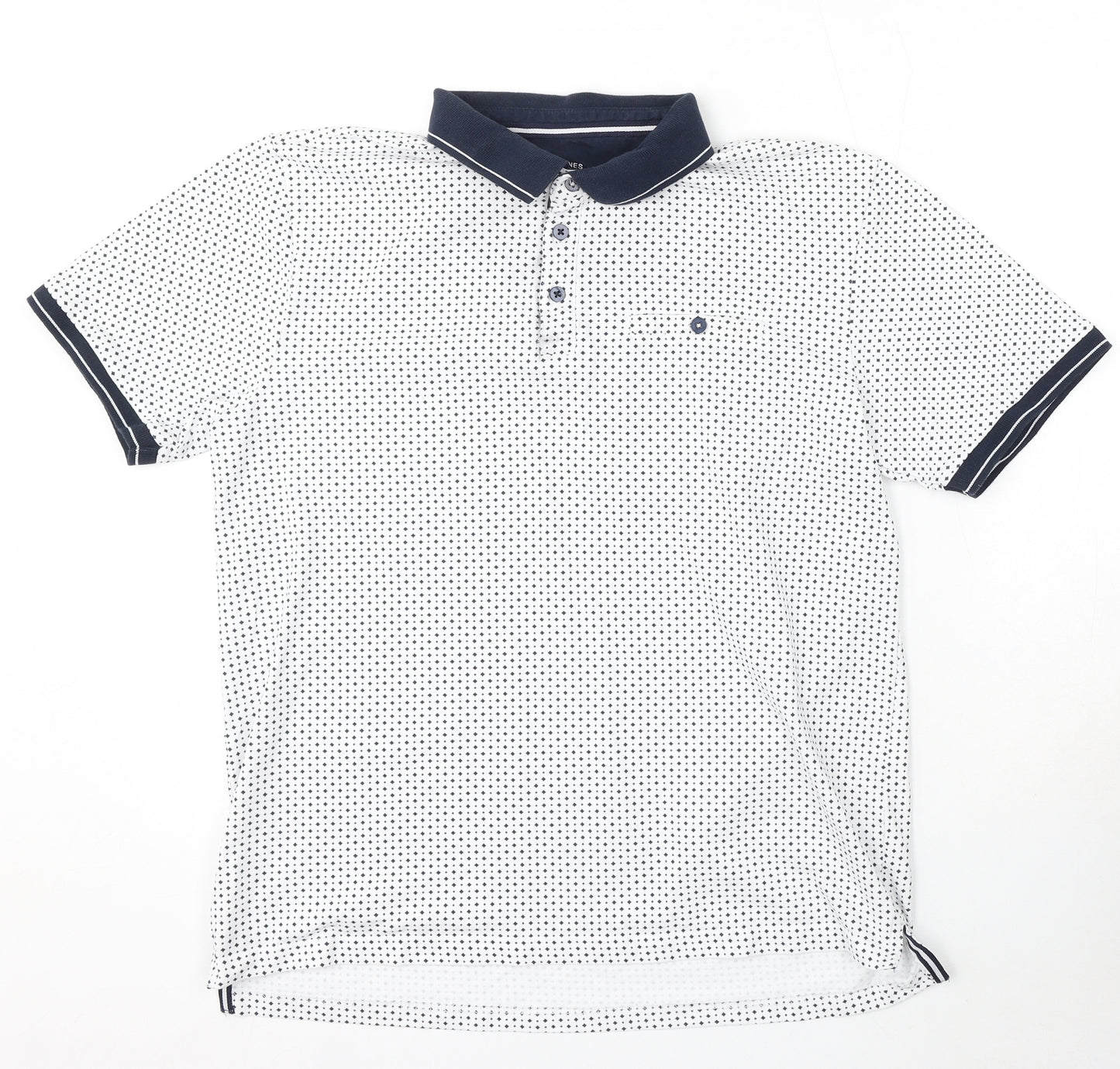 Dunnes Stores Mens White Geometric Cotton Polo Size M Collared Button