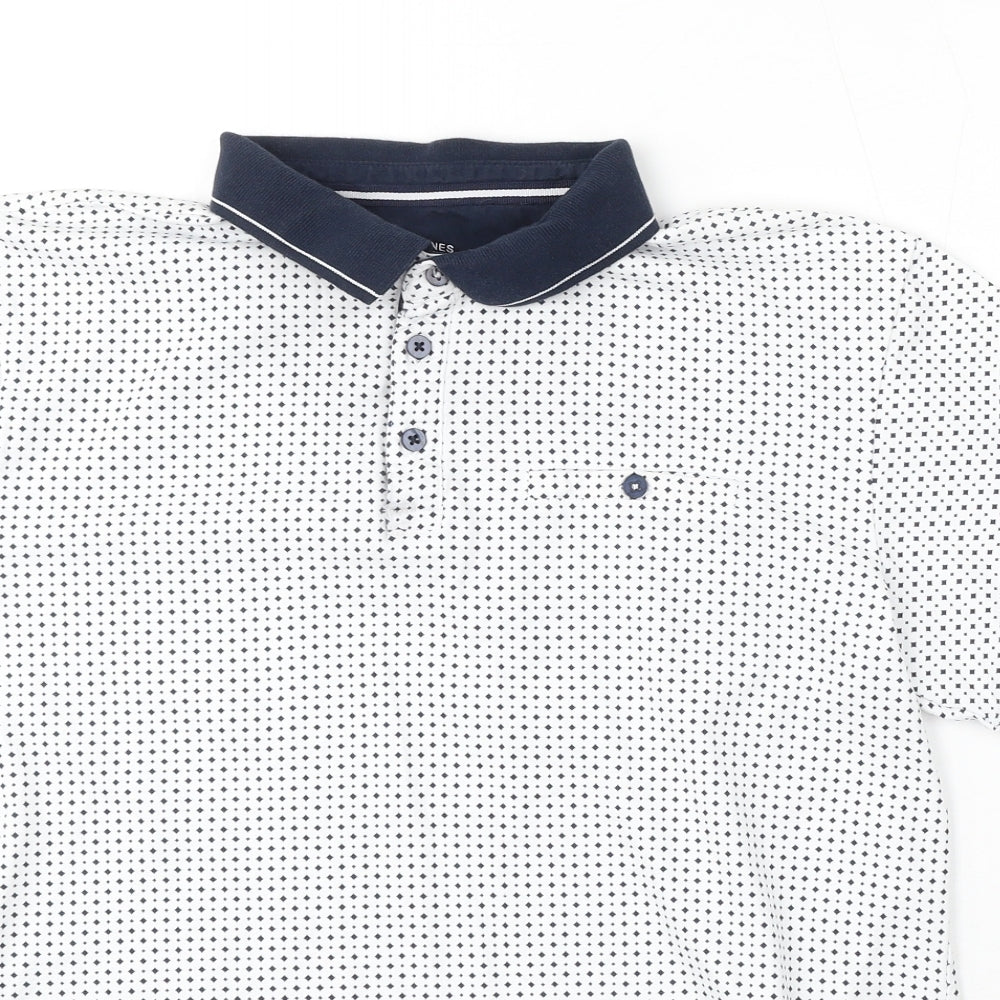 Dunnes Stores Mens White Geometric Cotton Polo Size M Collared Button