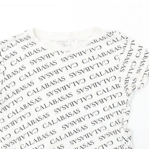 Primark Womens White Geometric Cotton Basic T-Shirt Size 4 Round Neck - Calabasas