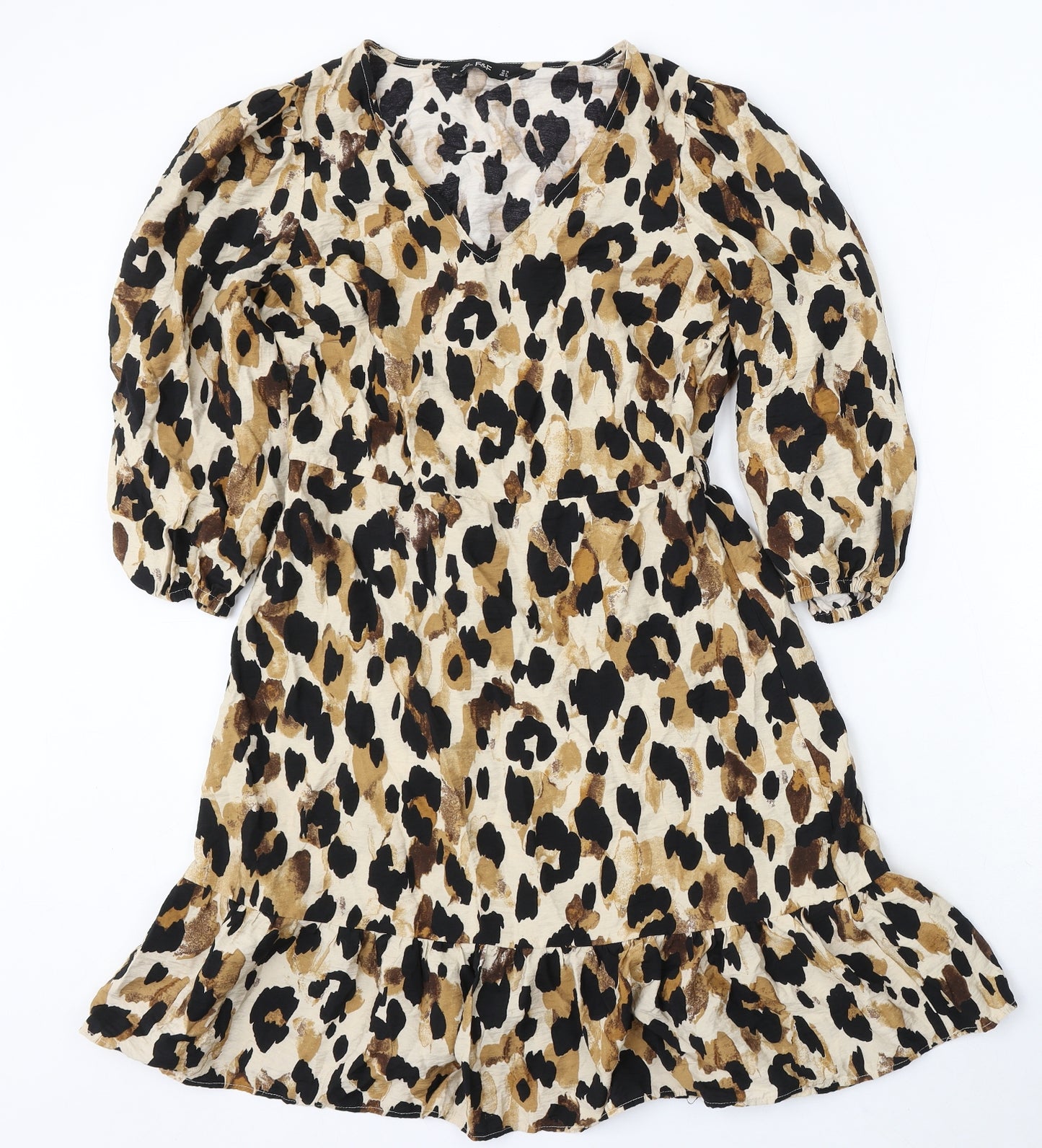 F&F Womens Beige Animal Print Viscose Skater Dress Size 10 V-Neck - Leopard Print