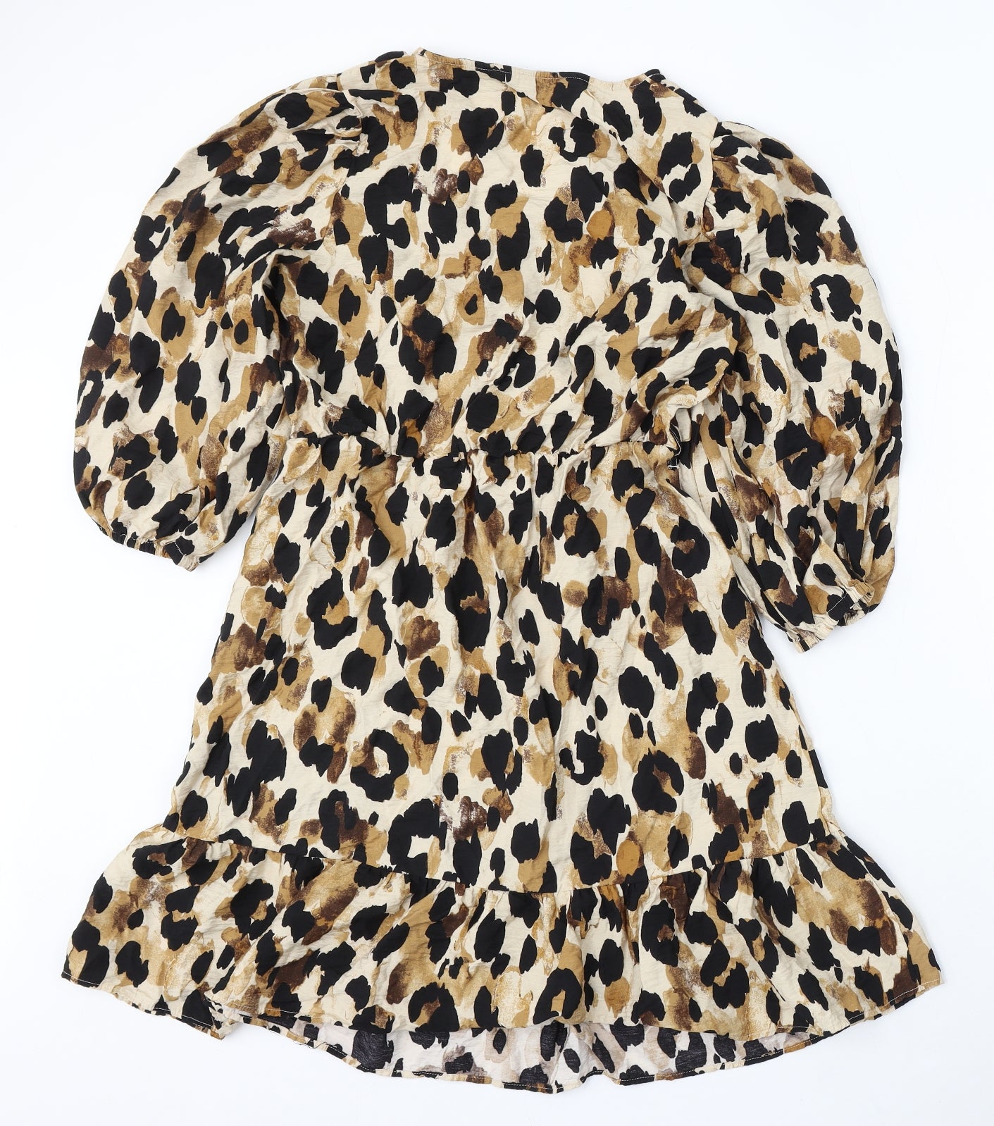 F&F Womens Beige Animal Print Viscose Skater Dress Size 10 V-Neck - Leopard Print