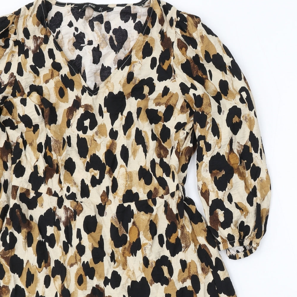 F&F Womens Beige Animal Print Viscose Skater Dress Size 10 V-Neck - Leopard Print