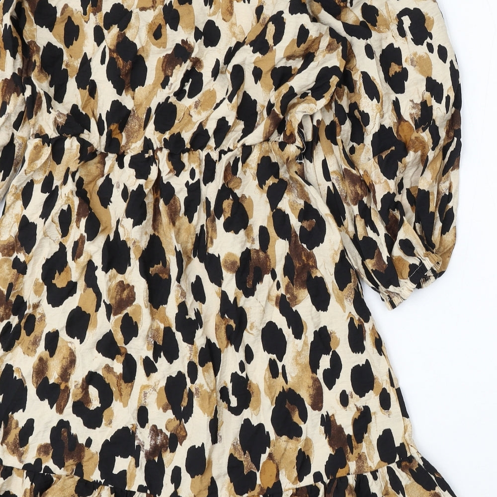 F&F Womens Beige Animal Print Viscose Skater Dress Size 10 V-Neck - Leopard Print