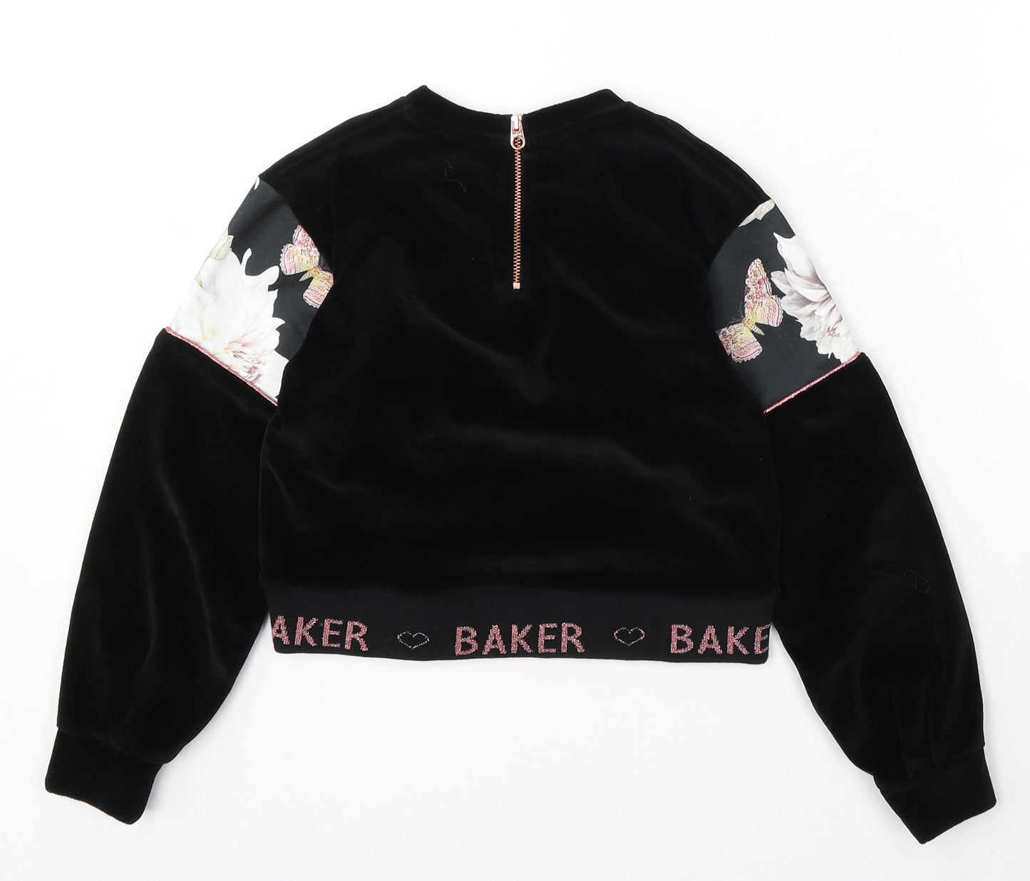 Ted Baker Girls Black Floral Cotton Pullover Sweatshirt Size 8 Years Zip