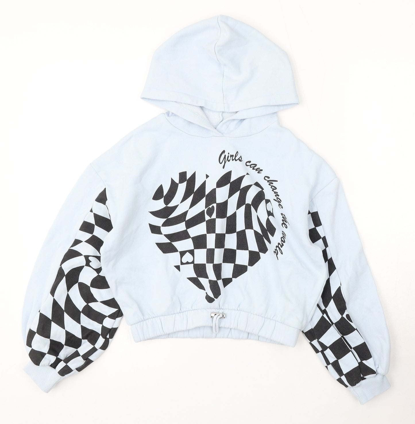 River Island Girls Blue Cotton Pullover Hoodie Size 9-10 Years Tie - Girls can change the world