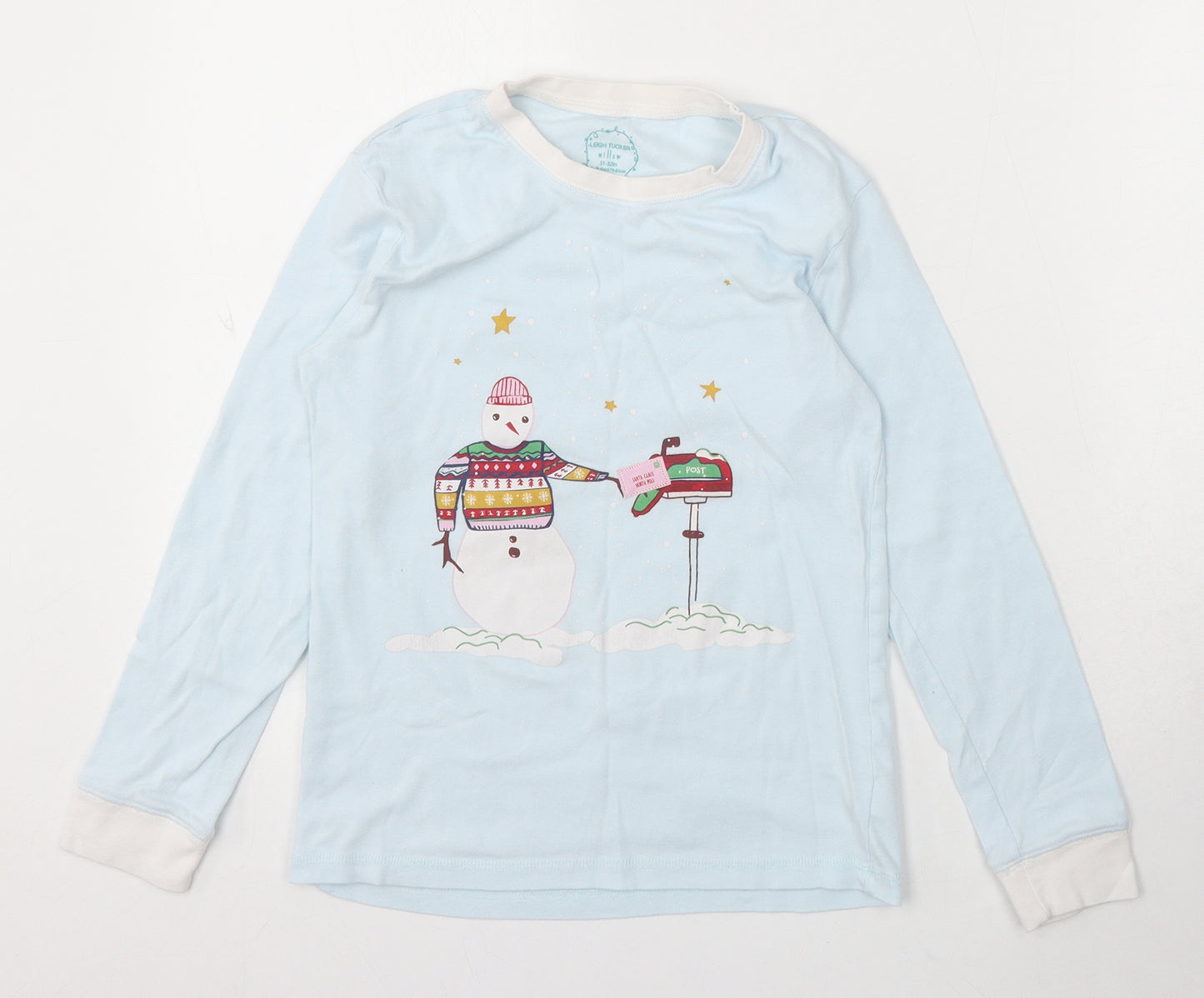 Leigh Tucker Girls Blue Cotton Basic T-Shirt Size 10-11 Years Round Neck - Christmas Snowman
