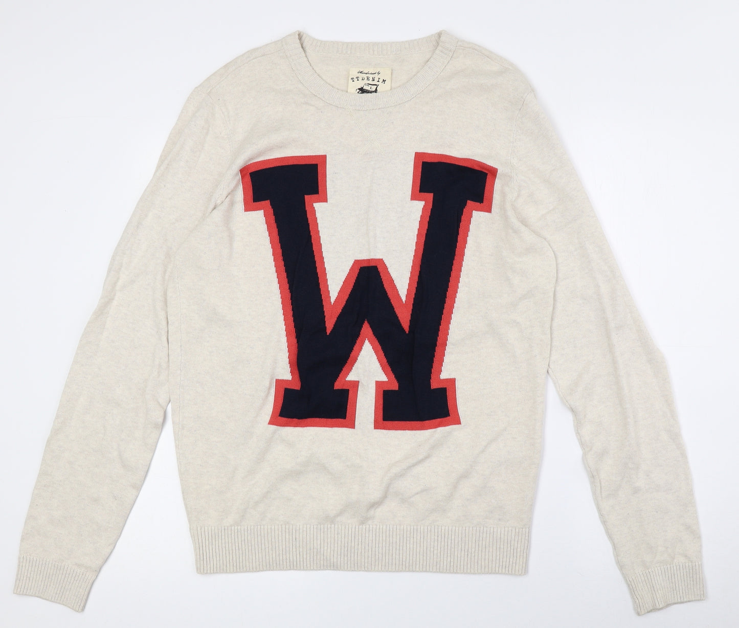 Tom Tailor Mens Beige Crew Neck Cotton Pullover Jumper Size L