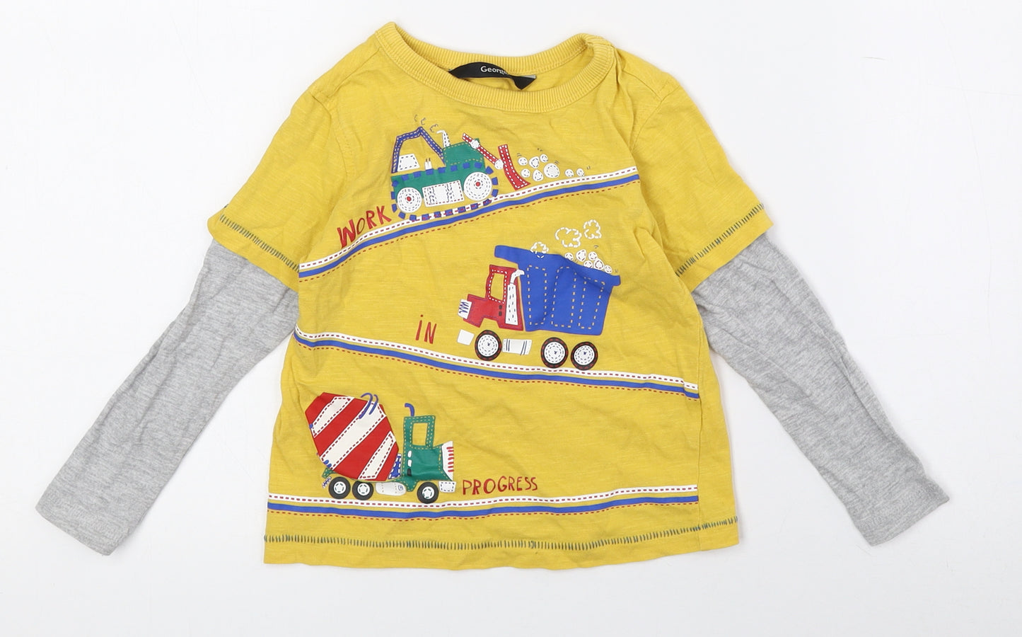 George Baby Yellow Cotton Basic T-Shirt Size 12-18 Months Crew Neck Pullover - Trucks