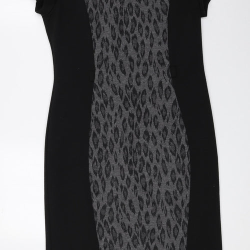 BHS Womens Black Animal Print Polyester Sheath Size 10 Round Neck Zip - Leopard Print