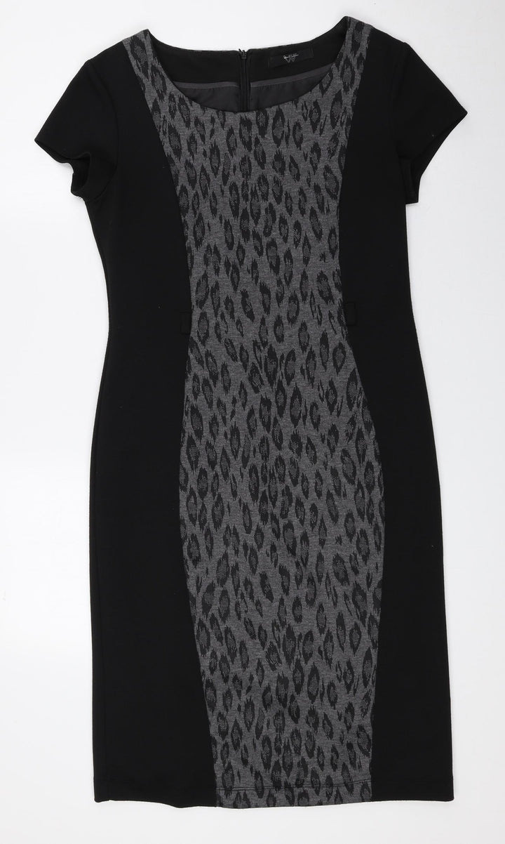 BHS Womens Black Animal Print Polyester Sheath Size 10 Round Neck Zip - Leopard Print