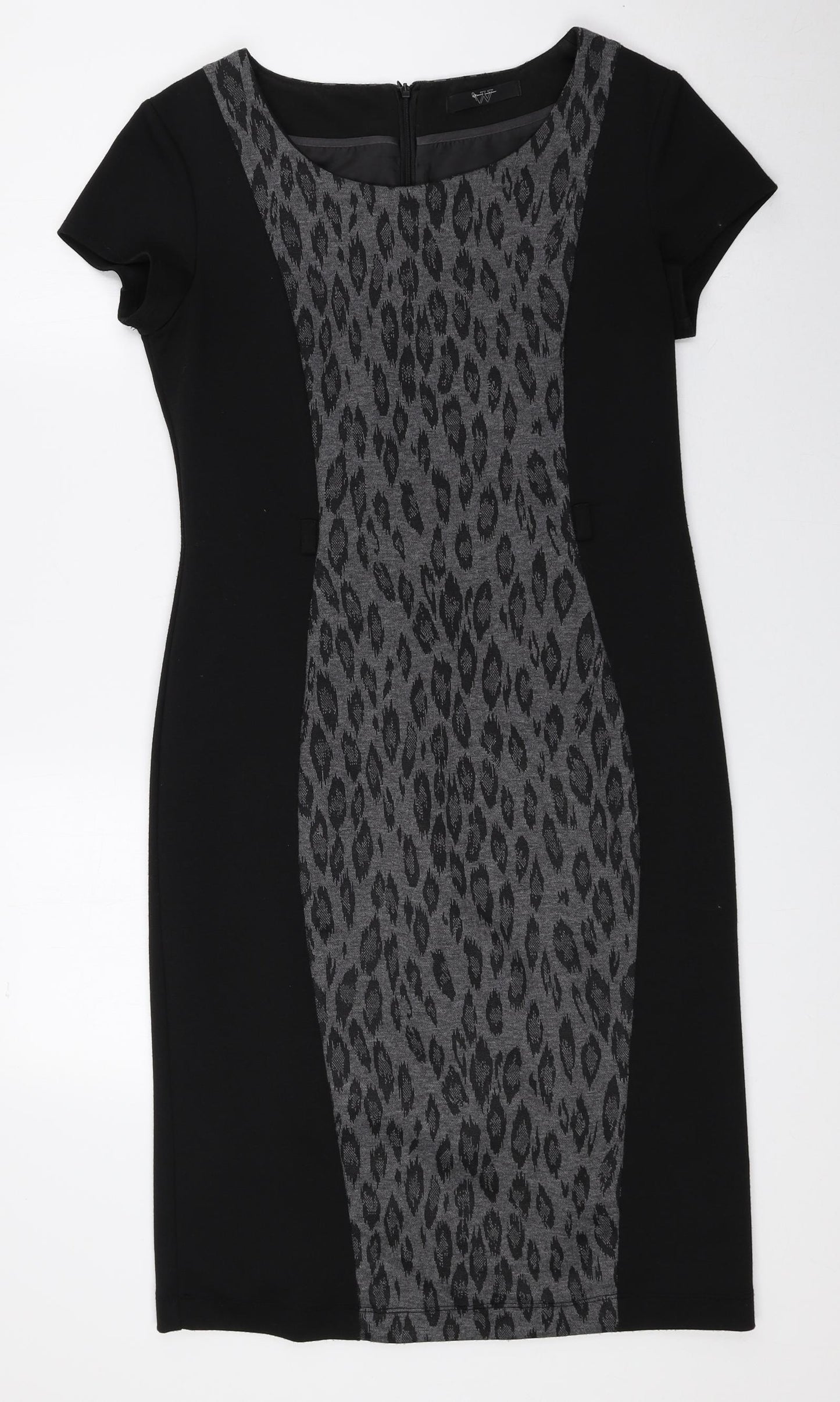 BHS Womens Black Animal Print Polyester Sheath Size 10 Round Neck Zip - Leopard Print