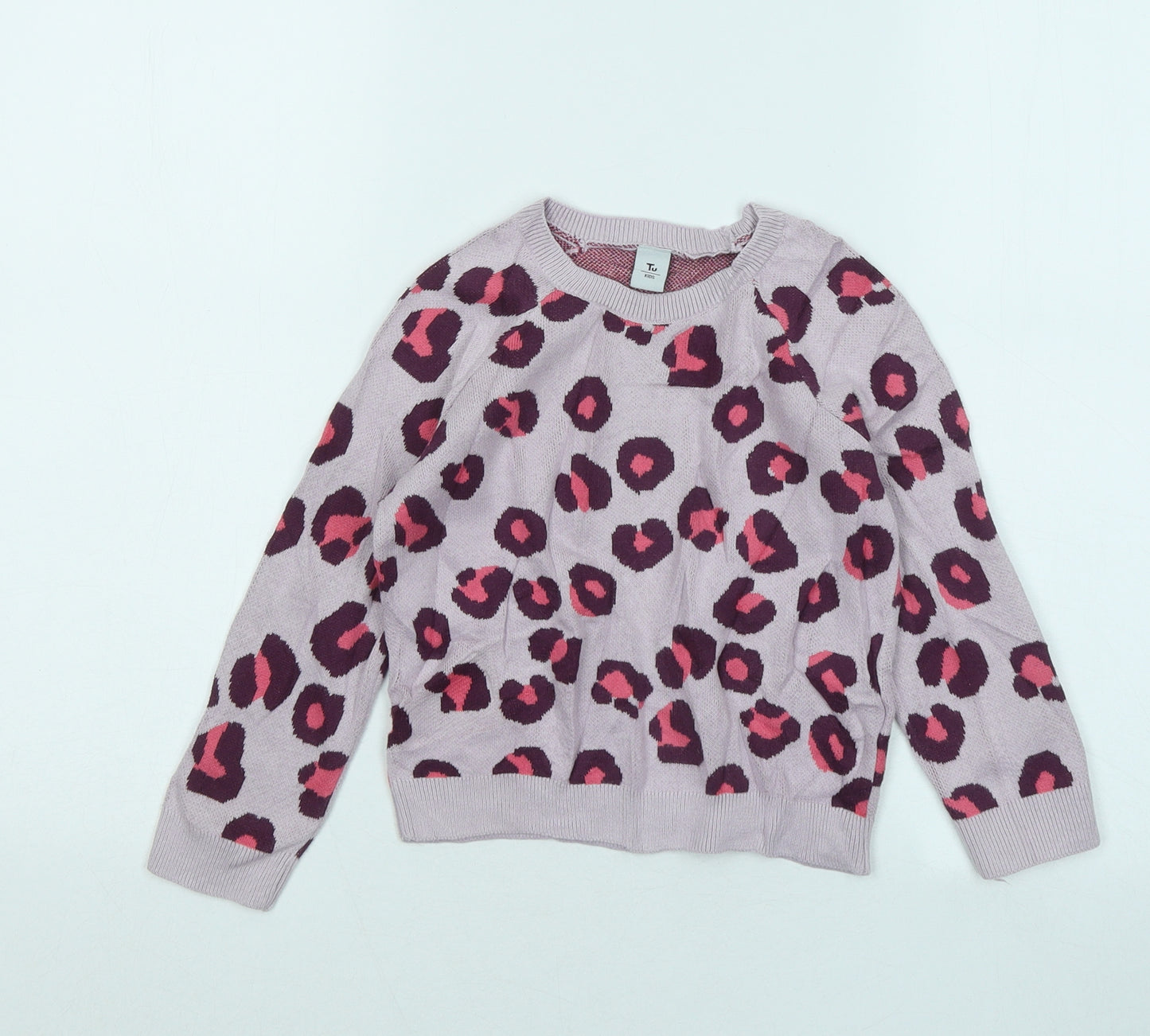 TU Girls Pink Round Neck Animal Print Cotton Pullover Jumper Size 3-4 Years - Leopard Print