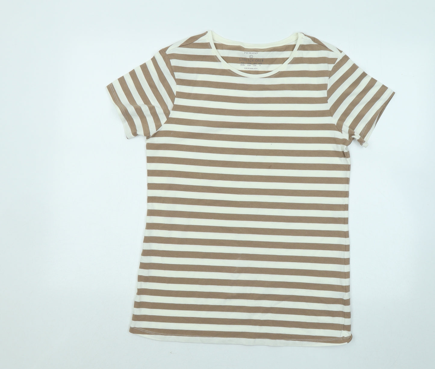 Primark Womens Brown Striped Cotton Basic T-Shirt Size 14 Round Neck