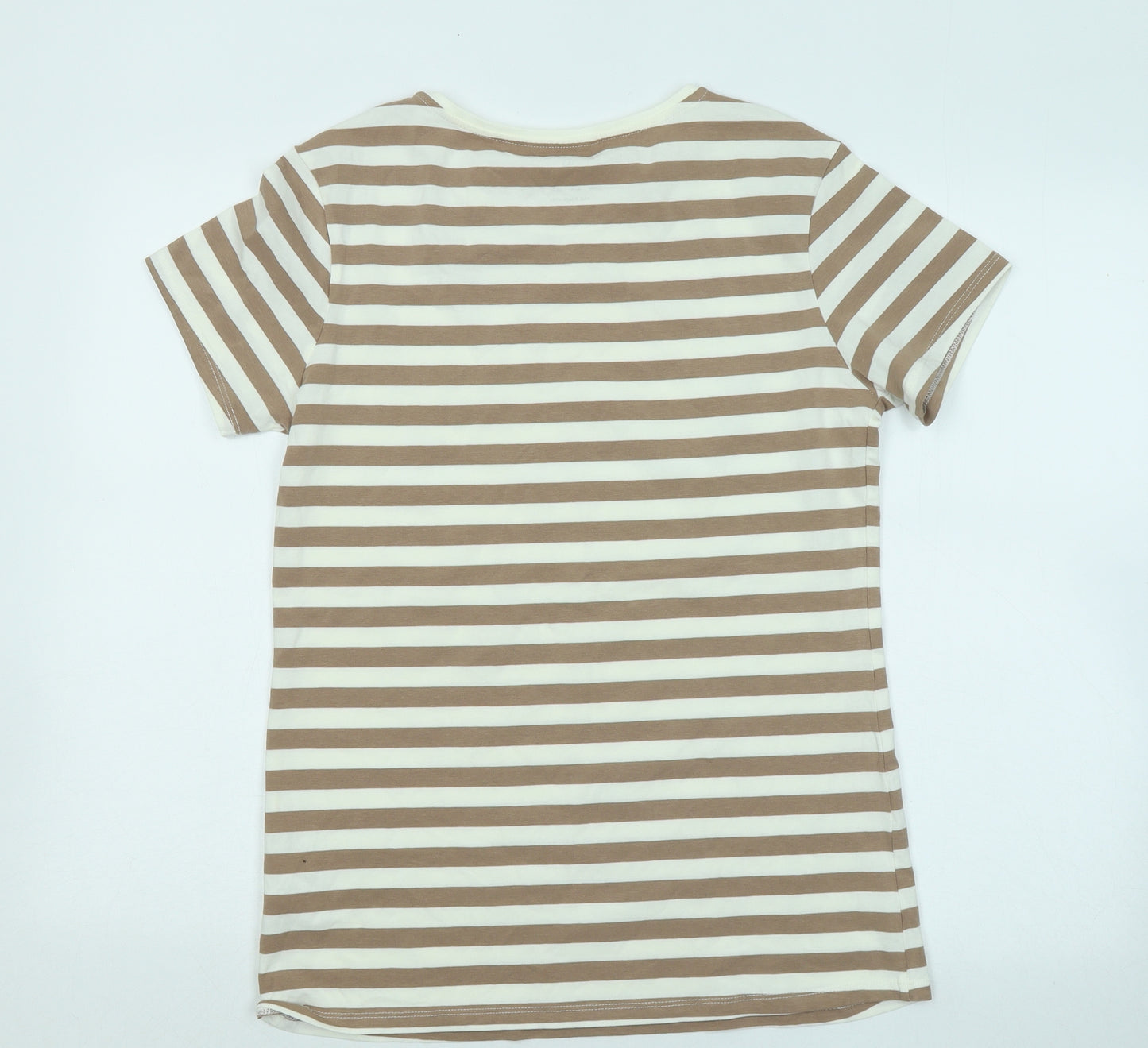 Primark Womens Brown Striped Cotton Basic T-Shirt Size 14 Round Neck
