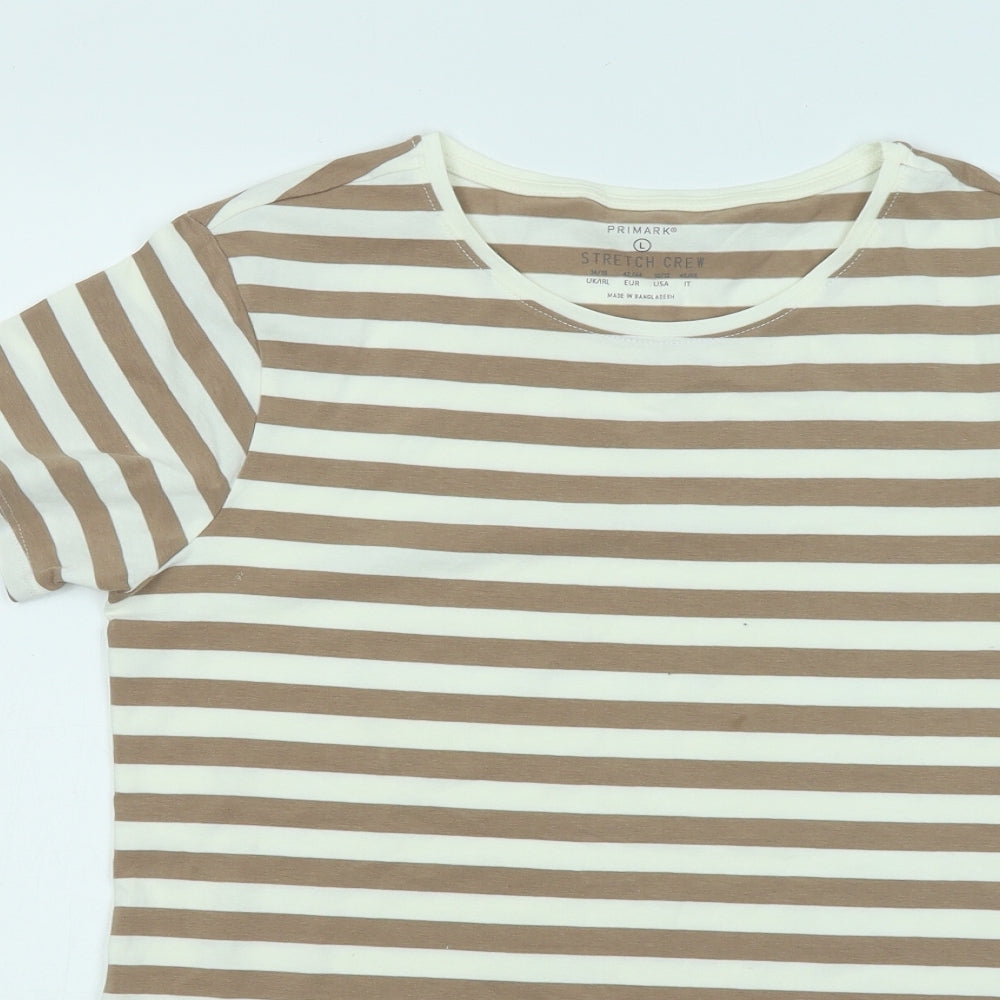 Primark Womens Brown Striped Cotton Basic T-Shirt Size 14 Round Neck