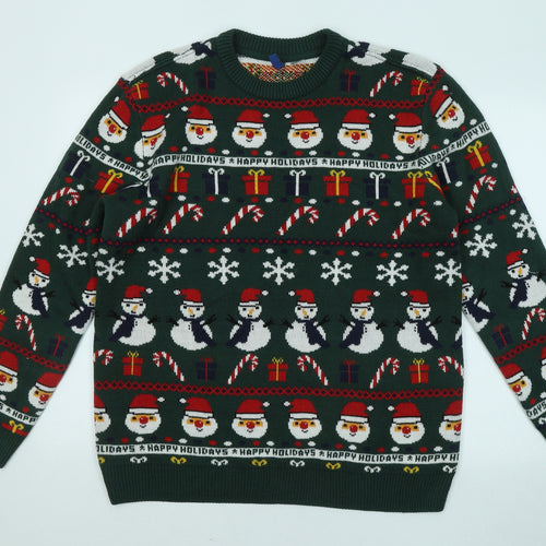 Divided by H&M Mens Green Round Neck Geometric Pullover Jumper Size L - Christmas Jumper