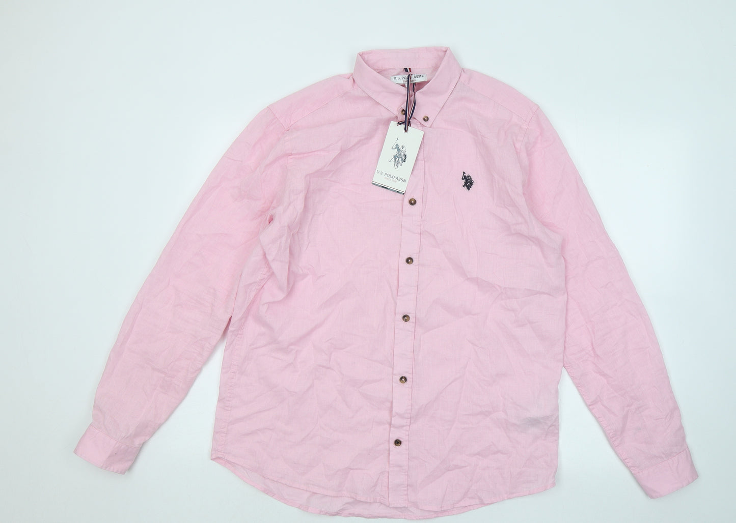 US Polo Assn. Mens Pink Cotton Button-Up Size L Collared Button