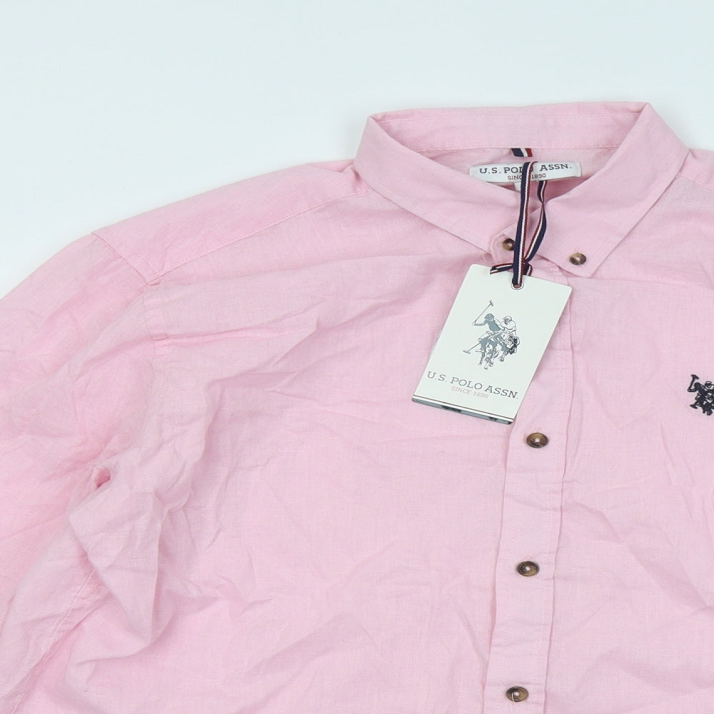US Polo Assn. Mens Pink Cotton Button-Up Size L Collared Button