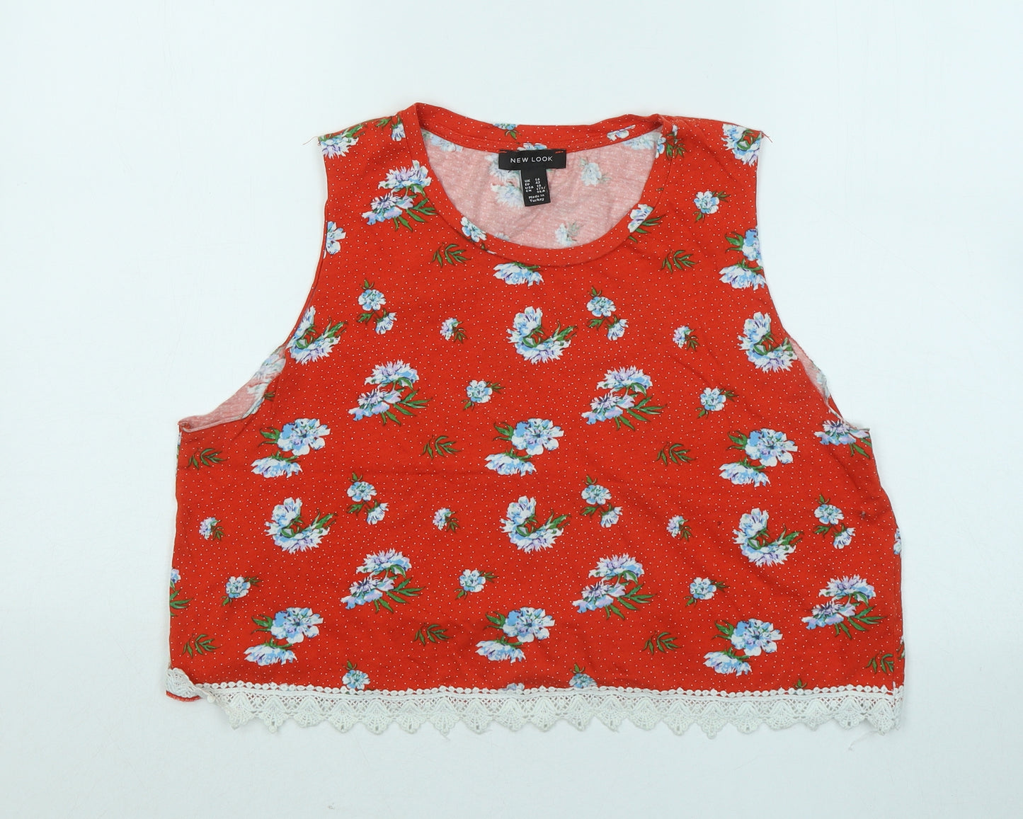New Look Womens Red Floral Cotton Basic Tank Size 14 Round Neck