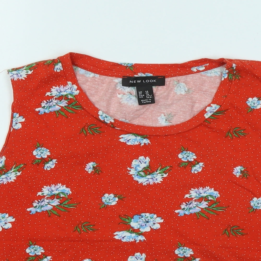 New Look Womens Red Floral Cotton Basic Tank Size 14 Round Neck