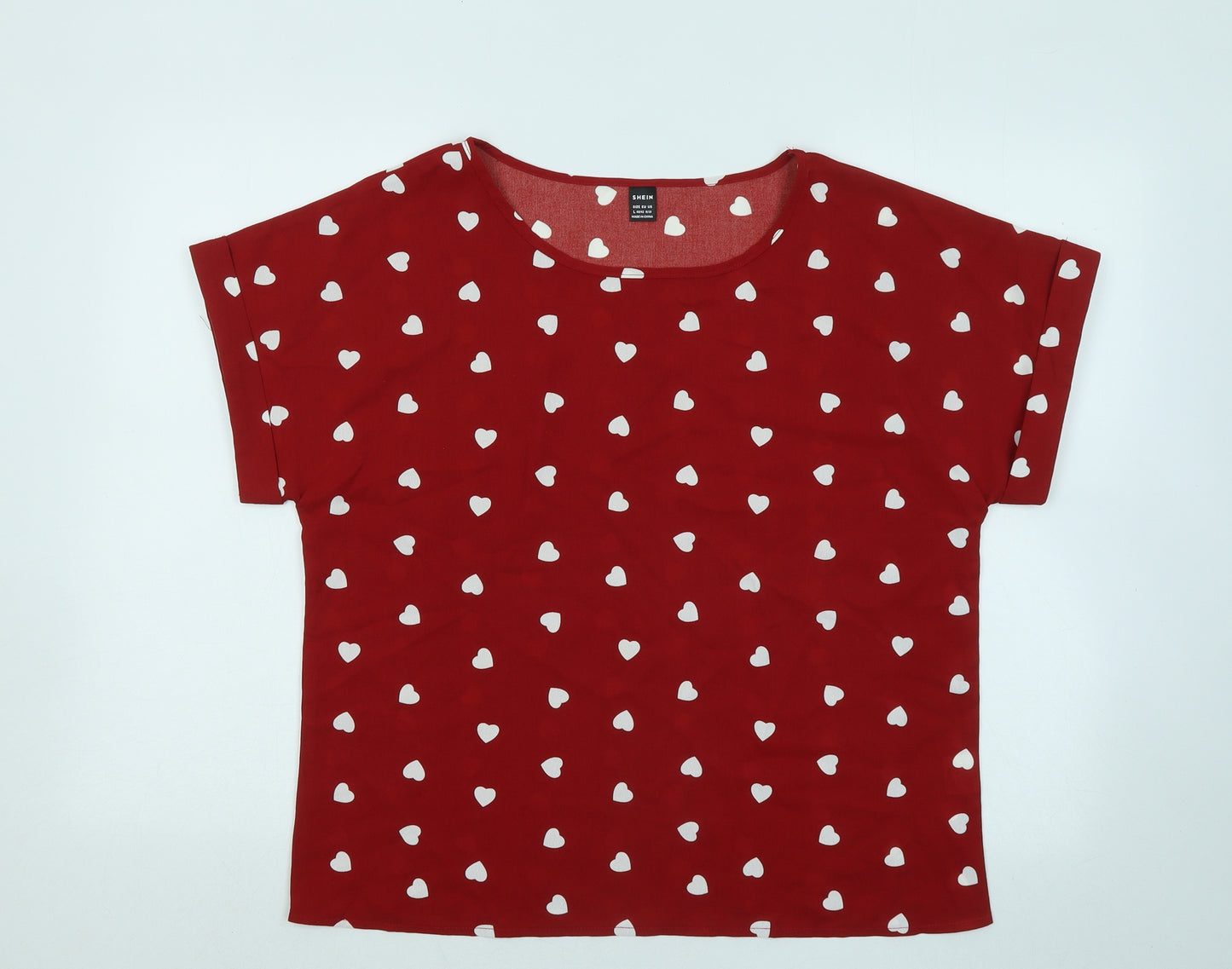 SheIn Womens Red Geometric Polyester Basic T-Shirt Size L Round Neck - Love Heart