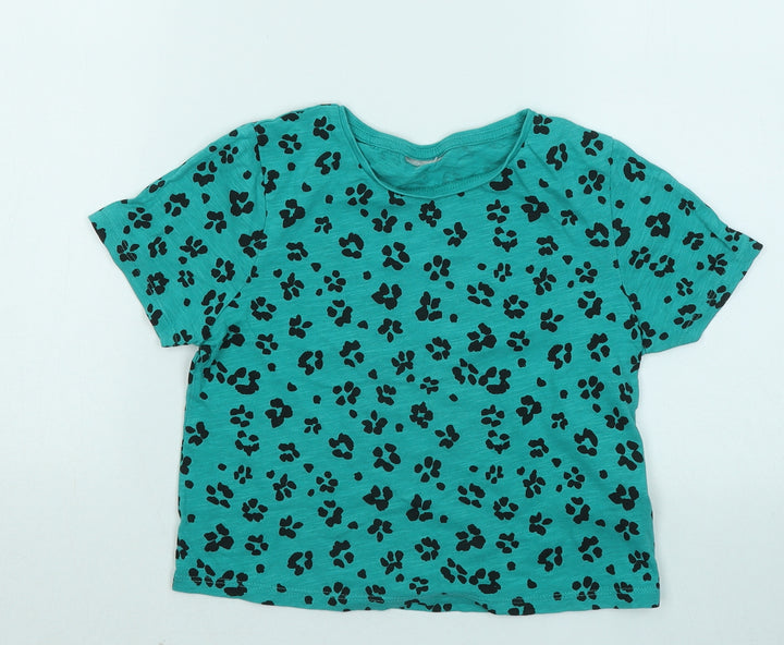 Matalan Girls Green Geometric Cotton Basic T-Shirt Size 9 Years Round Neck