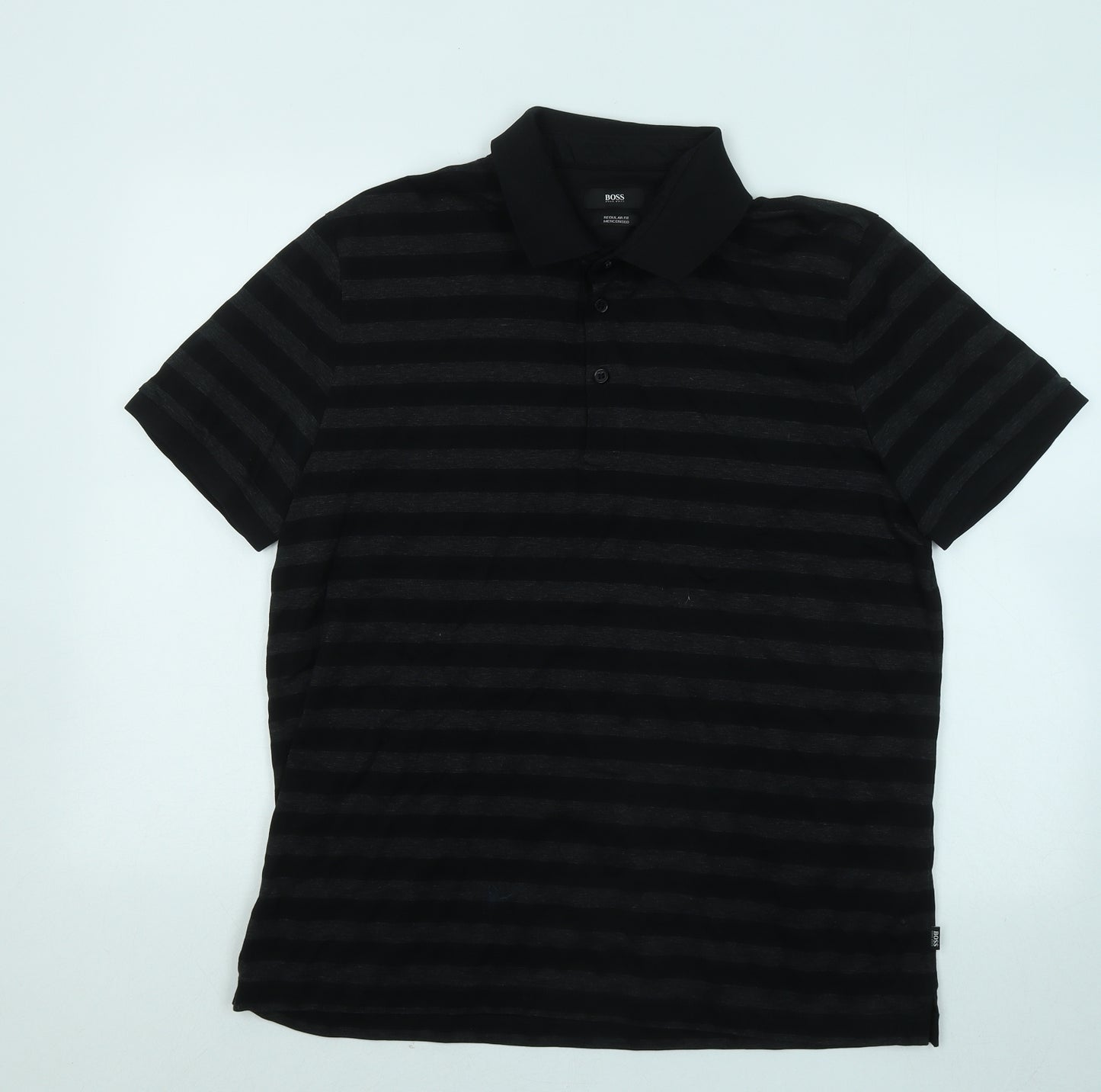 HUGO BOSS Mens Black Striped Cotton Polo Size XL Collared Button