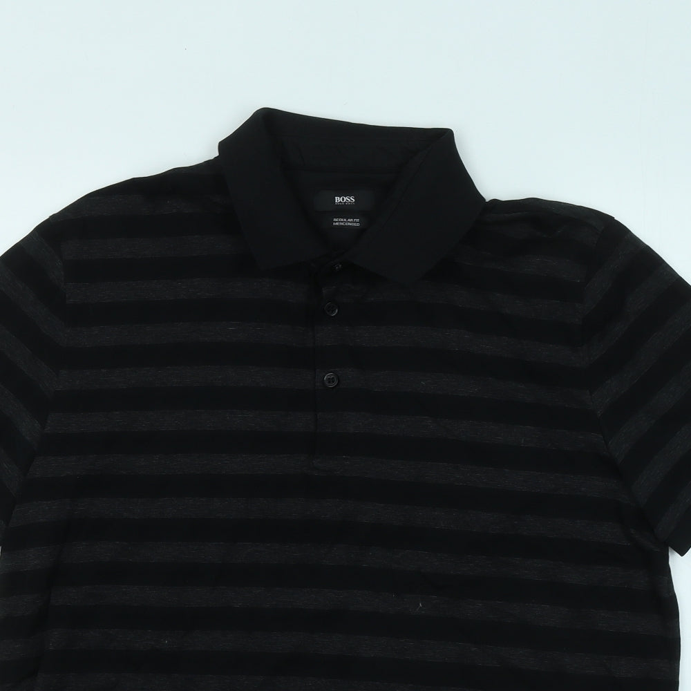 HUGO BOSS Mens Black Striped Cotton Polo Size XL Collared Button