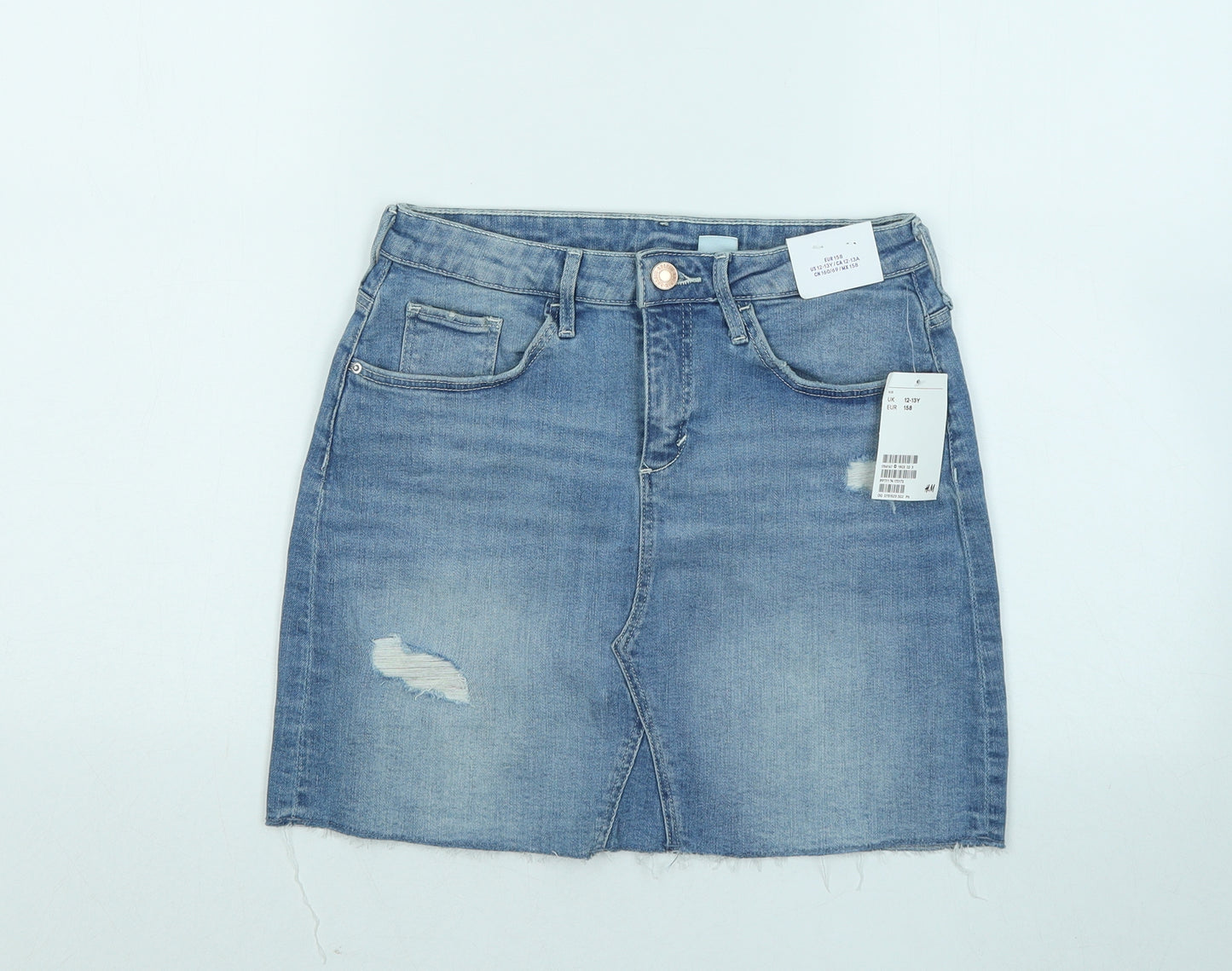 H&M Girls Blue Cotton A-Line Skirt Size 12-13 Years Regular Zip - Distressed