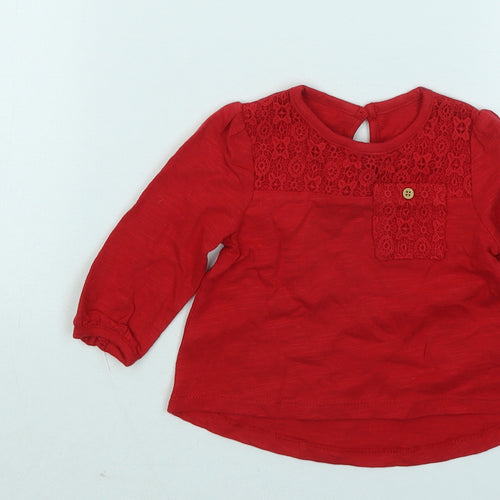Mothercare Girls Red Geometric Cotton Basic T-Shirt Size 3-6 Months Round Neck Button