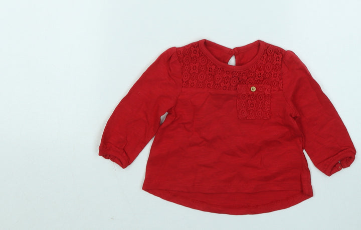 Mothercare Girls Red Geometric Cotton Basic T-Shirt Size 3-6 Months Round Neck Button