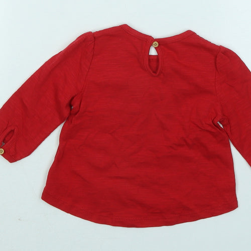 Mothercare Girls Red Geometric Cotton Basic T-Shirt Size 3-6 Months Round Neck Button