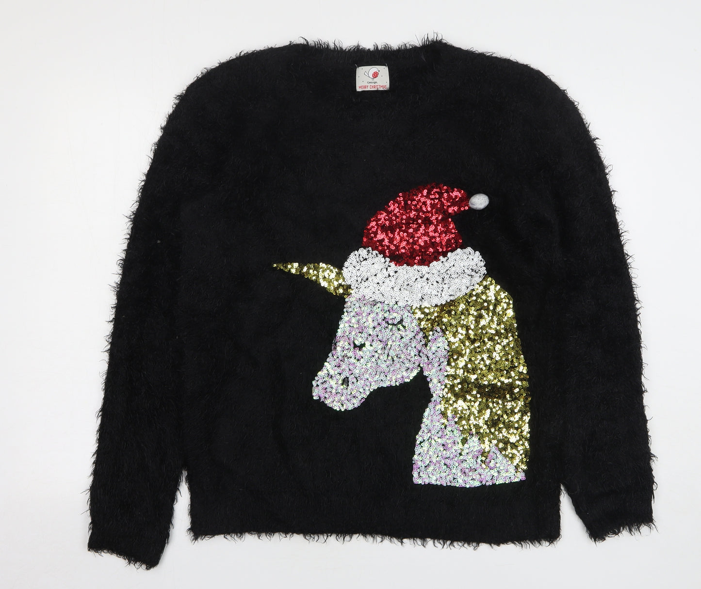 George Womens Black Round Neck Polyester Pullover Jumper Size L - Christmas Unicorn