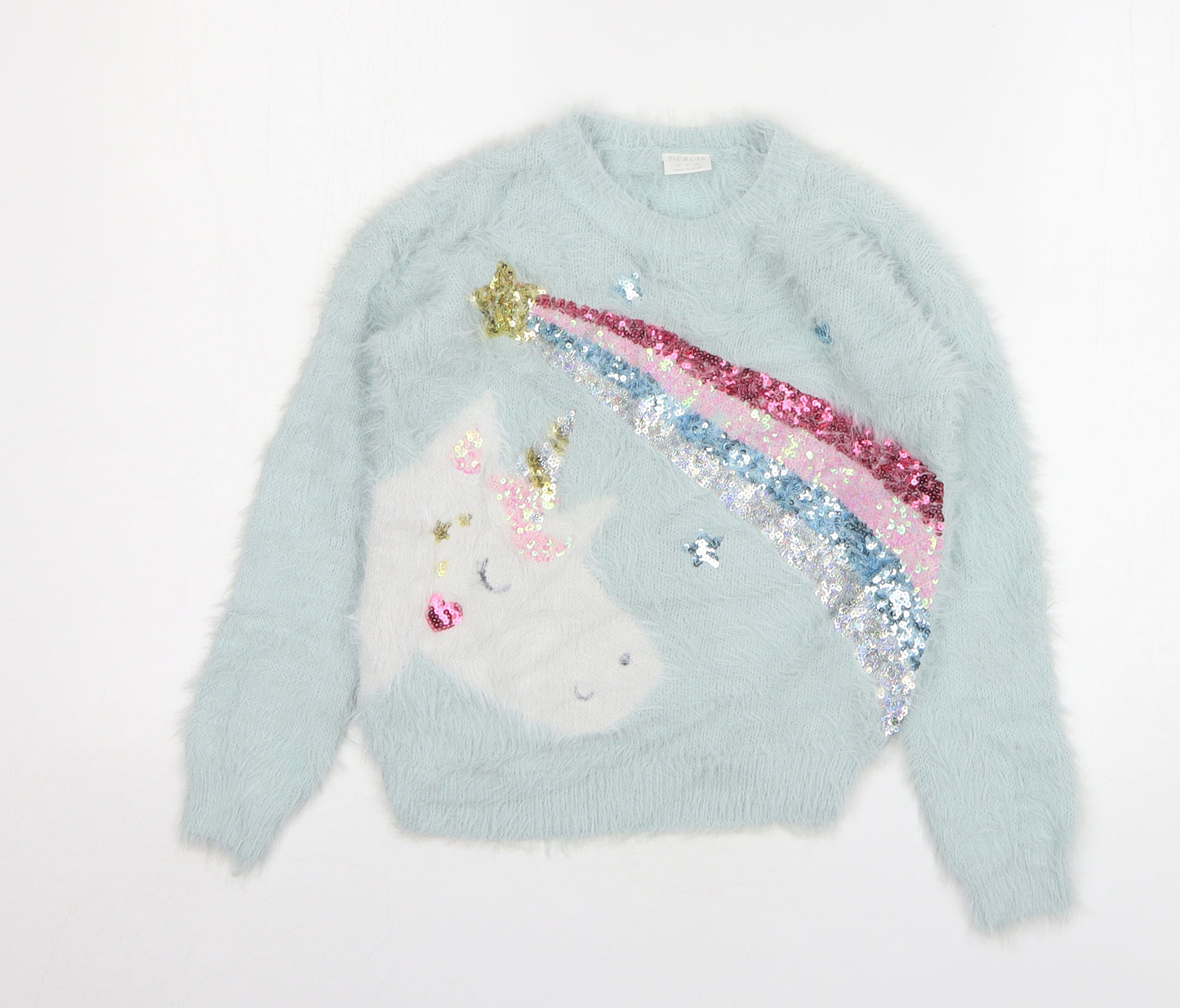 F&F Girls Green Round Neck Striped Polyamide Pullover Jumper Size 7-8 Years Pullover - Unicorn