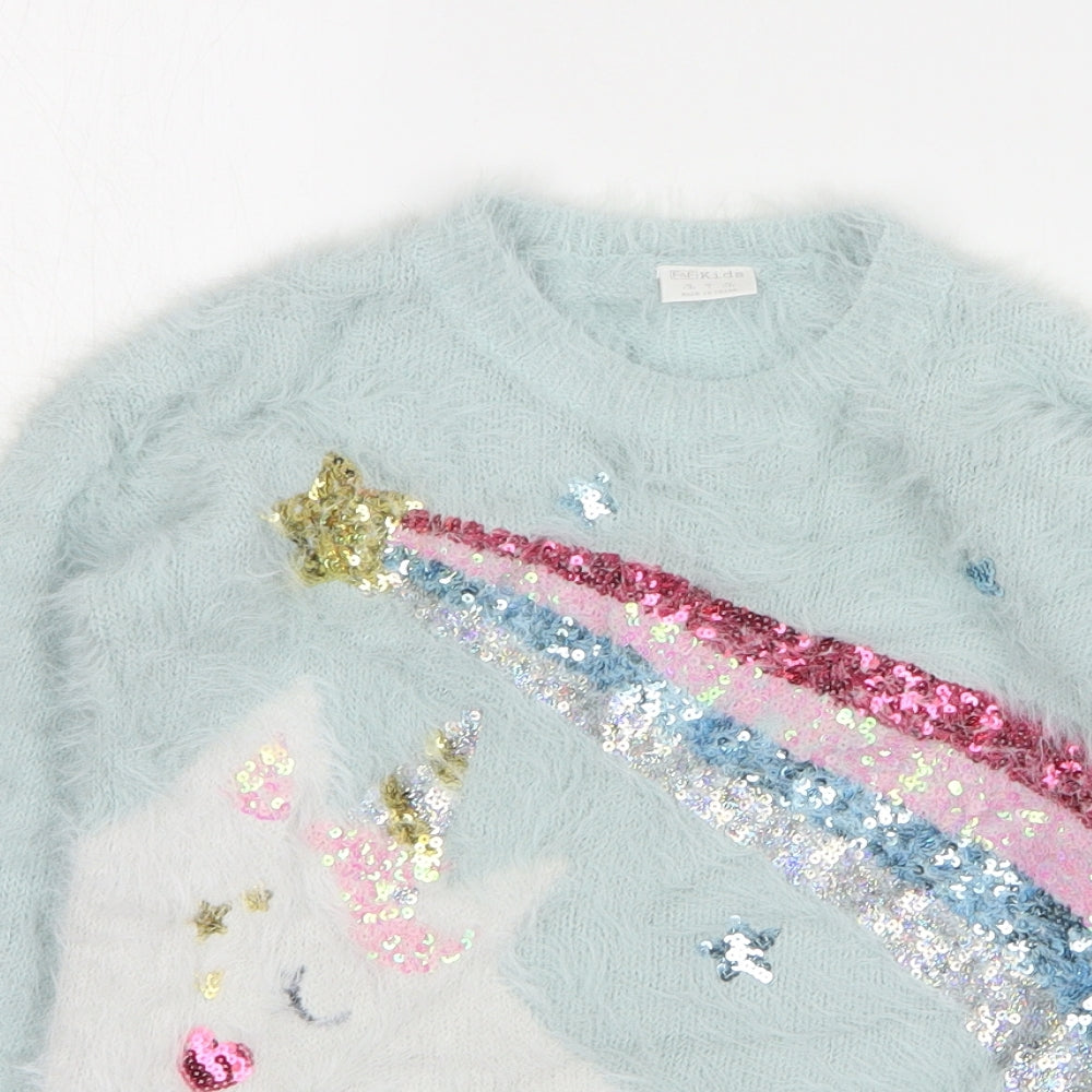 F&F Girls Green Round Neck Striped Polyamide Pullover Jumper Size 7-8 Years Pullover - Unicorn