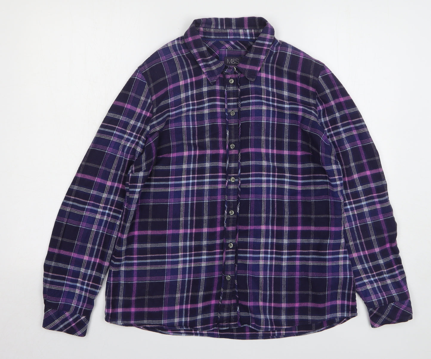 Marks and Spencer Womens Purple Plaid Cotton Basic Button-Up Size 12 Collared