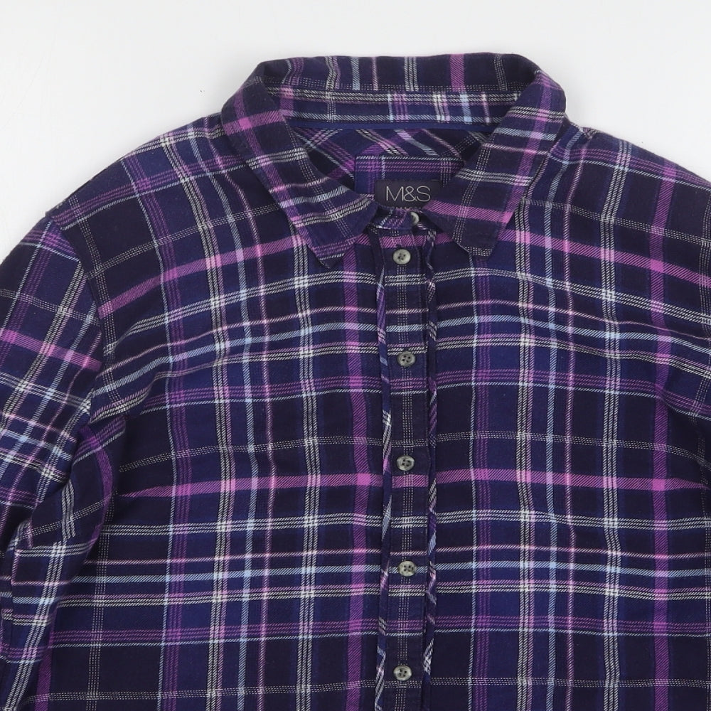 Marks and Spencer Womens Purple Plaid Cotton Basic Button-Up Size 12 Collared