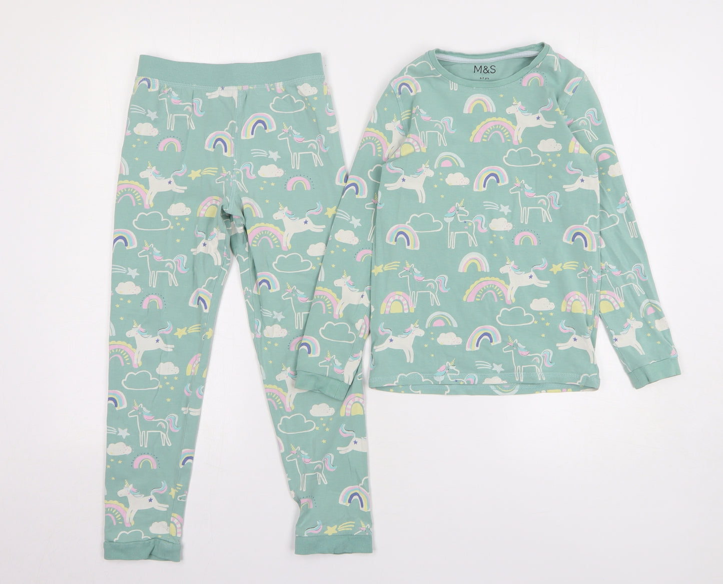 Marks and Spencer Girls Green Geometric Cotton Top Pyjama Set Size 6-7 Years Pullover - Unicorns