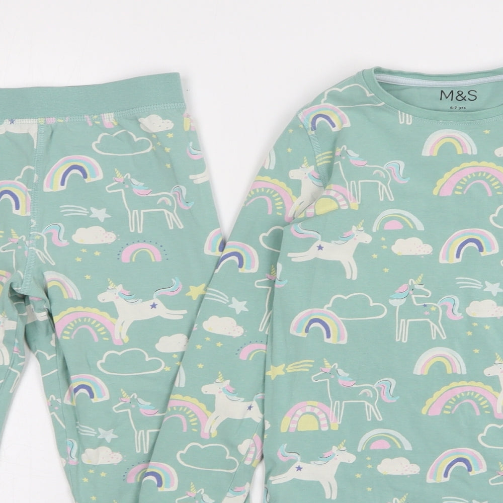 Marks and Spencer Girls Green Geometric Cotton Top Pyjama Set Size 6-7 Years Pullover - Unicorns