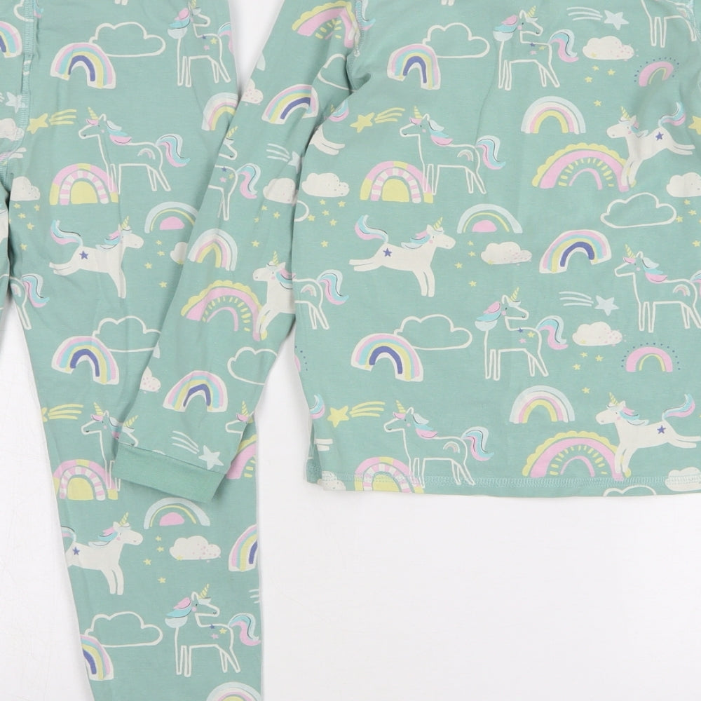 Marks and Spencer Girls Green Geometric Cotton Top Pyjama Set Size 6-7 Years Pullover - Unicorns