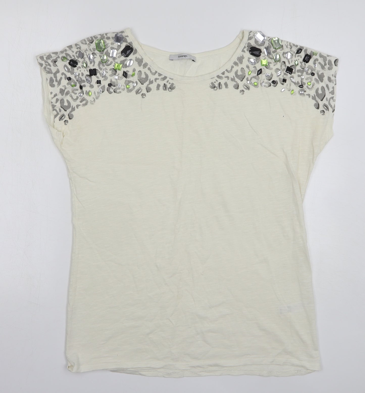 George Womens Beige Animal Print Cotton Basic T-Shirt Size 12 Round Neck - Leopard Print