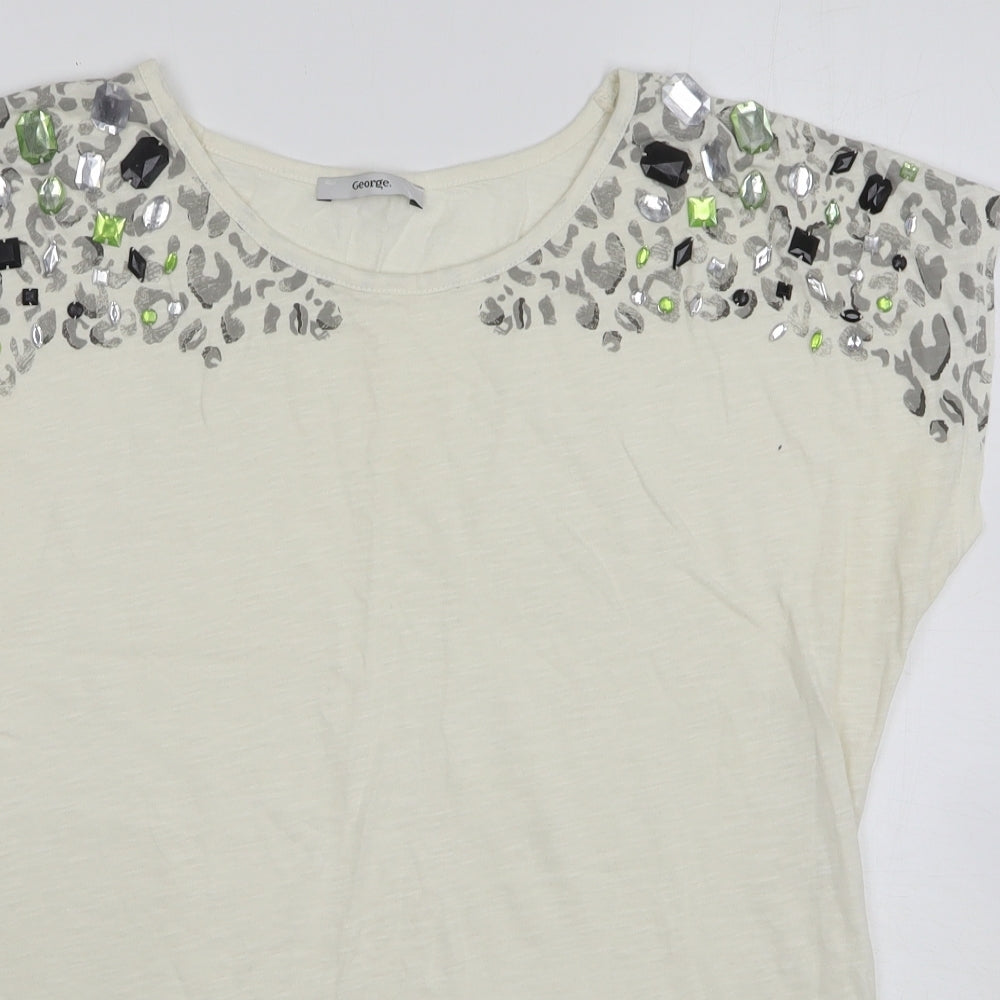 George Womens Beige Animal Print Cotton Basic T-Shirt Size 12 Round Neck - Leopard Print